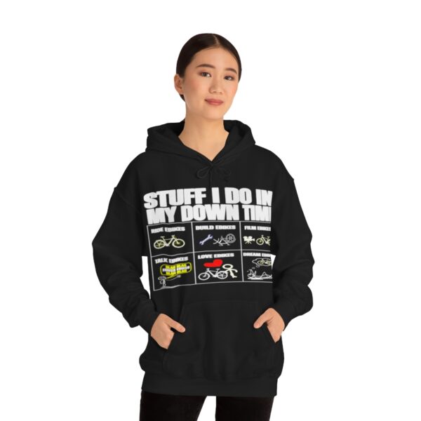 Stuff I Do In My Downtime (white print) eBike hoodie - Image 3