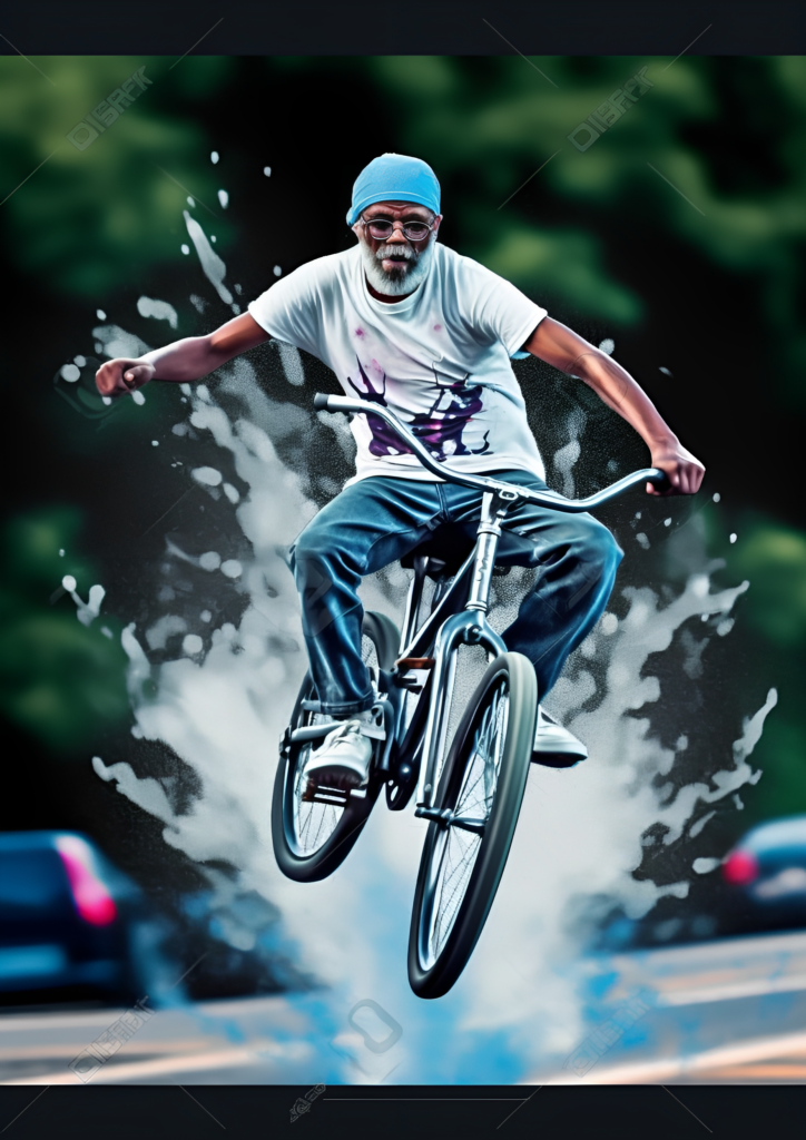 Black man jumping his bike in fountain - Fountain of youth